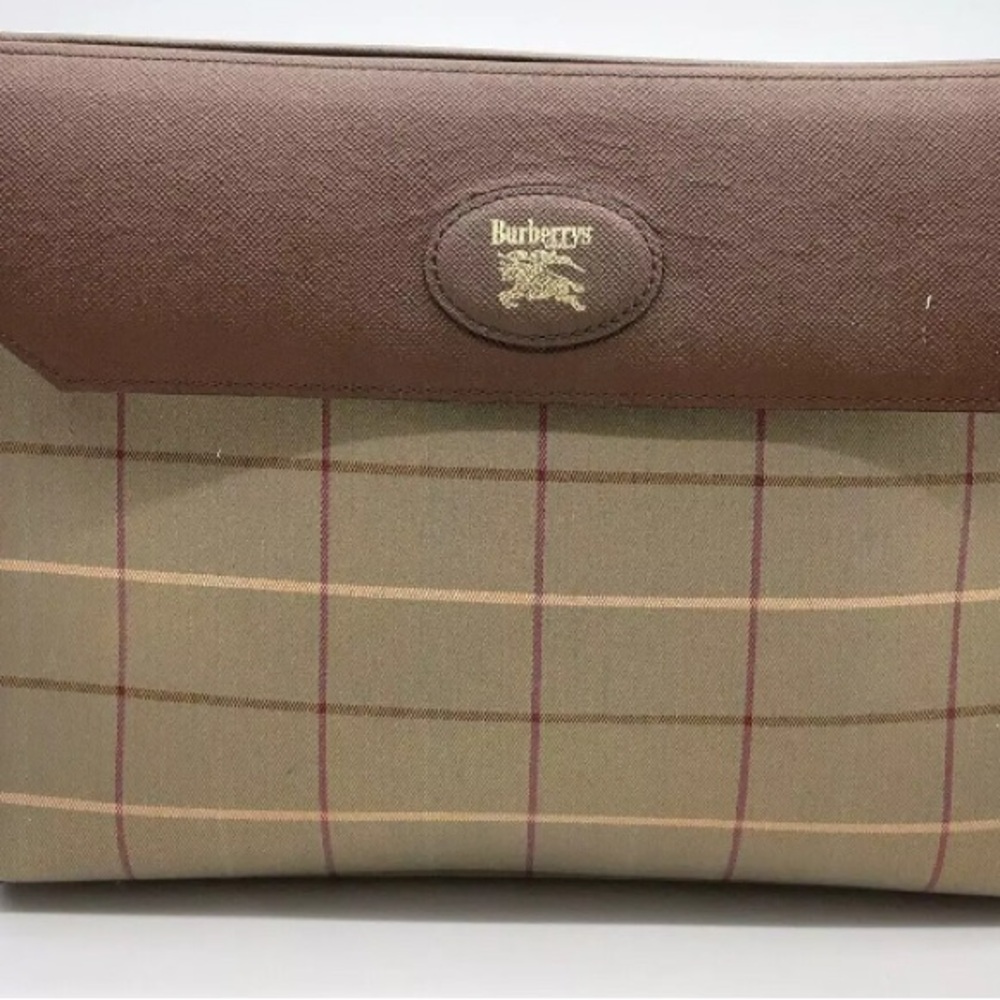 Burberrys Beige Brown Canvas and Leather Check Pattern Clutch Bag - Vintage - Picture 2 of 13
